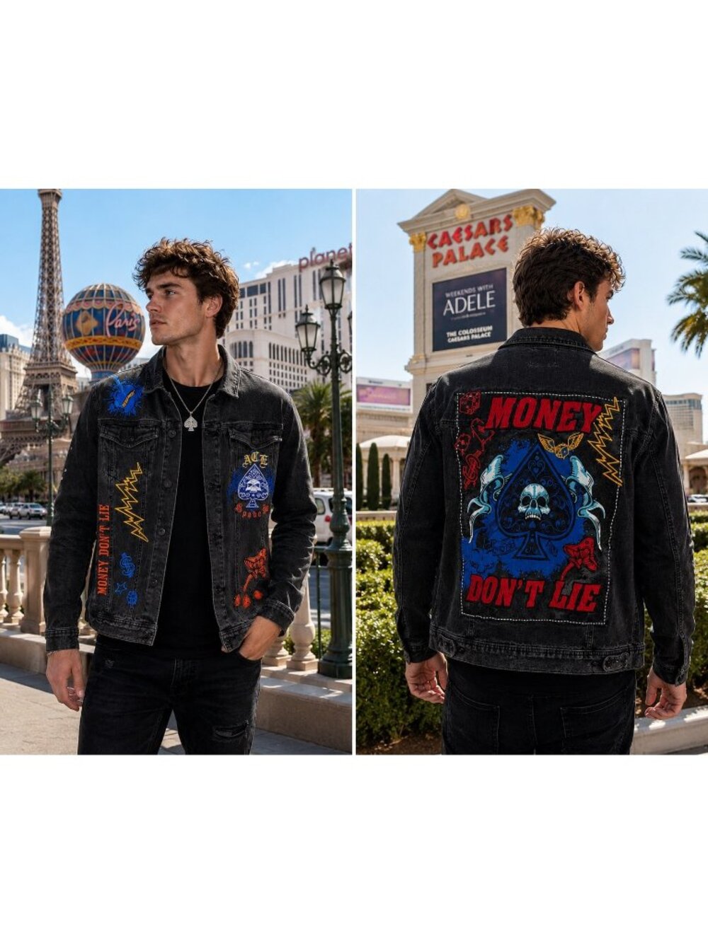 Black Pike Mens Art Casino Street Wear Denim Jacket XL Money Don't Lie